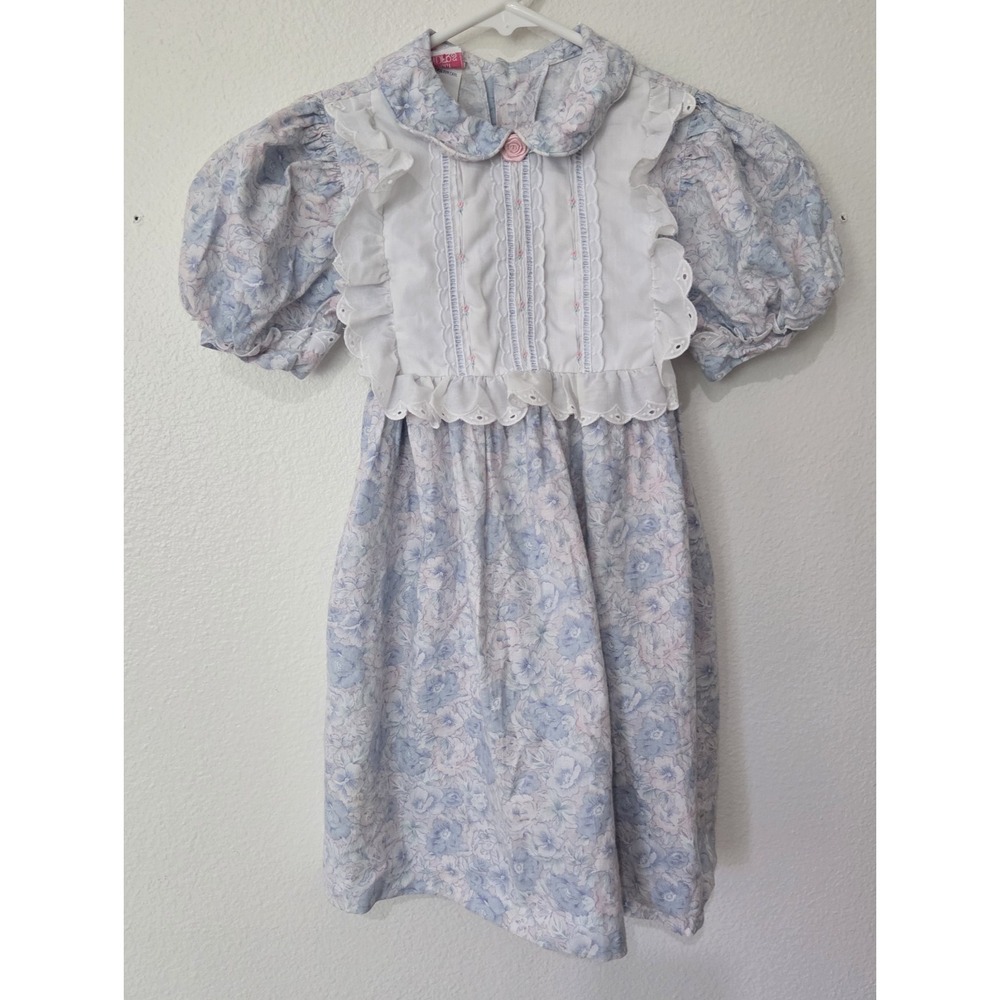 Vintage Polly Flinders Pink & Blue Calico Floral Print Cotton Dress Size 6
